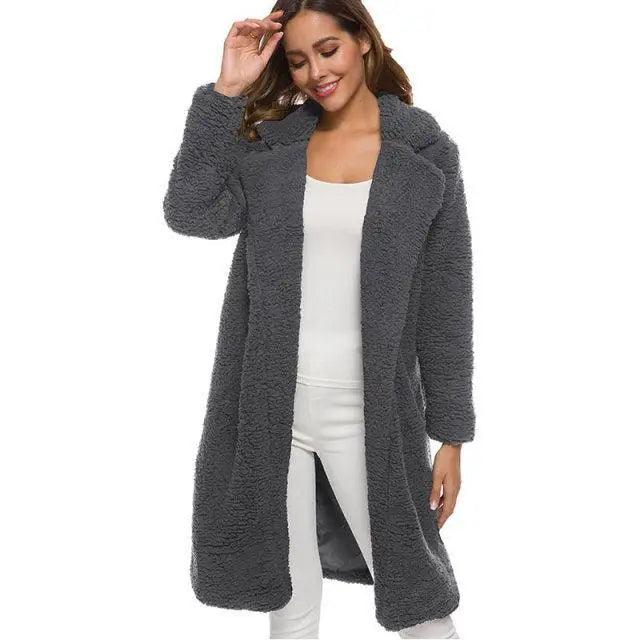 Women's Stevvex gray plush fleece coat, long open-front outerwear for autumn/winter on Tampa Home & Garden Store