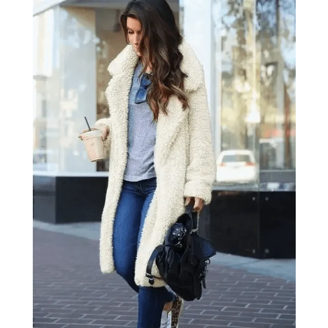 Stevvex cream long teddy fleece coat, plush outerwear for women, casual chic on Tampa Home & Garden Store