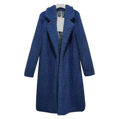 Stevvex blue fleece coat for women, long warm outerwear with lapel collar on Tampa Home & Garden Store