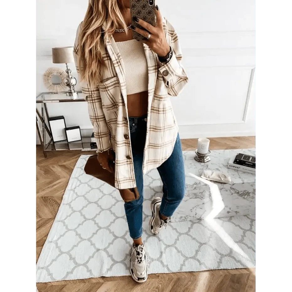 Stevvex cream plaid long coat with lapels, paired with beige knit top and blue jeans on Tampa Home & Garden Store