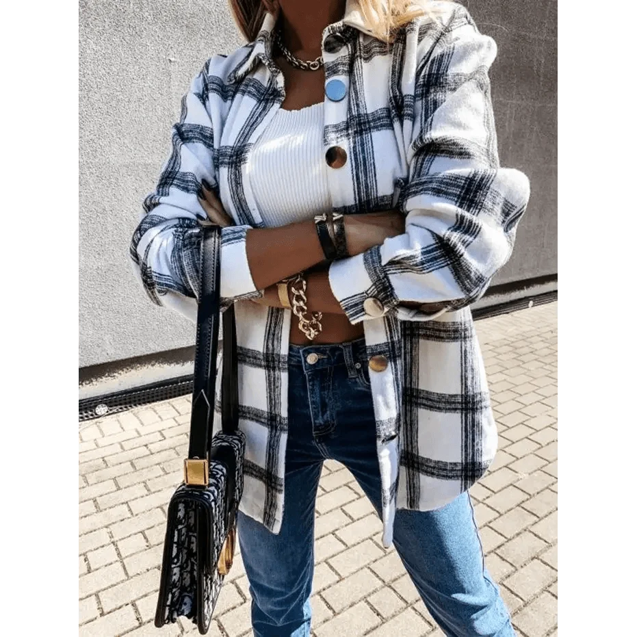 Stevvex plaid long-sleeve shirt jacket in white and black check, casual streetwear on Tampa Home & Garden Store