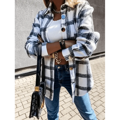 Stevvex plaid long-sleeve shirt jacket in white and black check, casual streetwear on Tampa Home & Garden Store