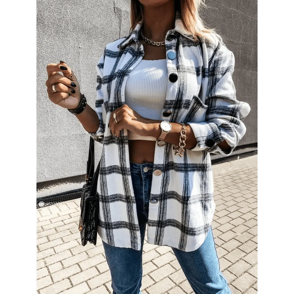 Stevvex plaid shirt coat white and black check oversized with lapel collar on Tampa Home & Garden Store