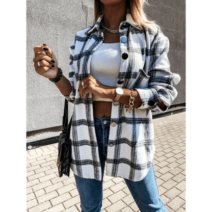 Stevvex plaid shirt coat white and black check oversized with lapel collar on Tampa Home & Garden Store