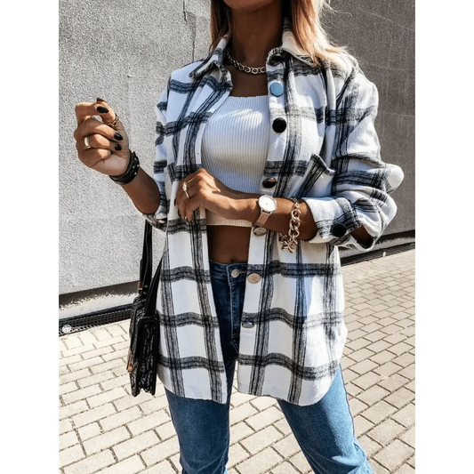 Stevvex plaid shirt coat white and black check oversized with lapel collar on Tampa Home & Garden Store