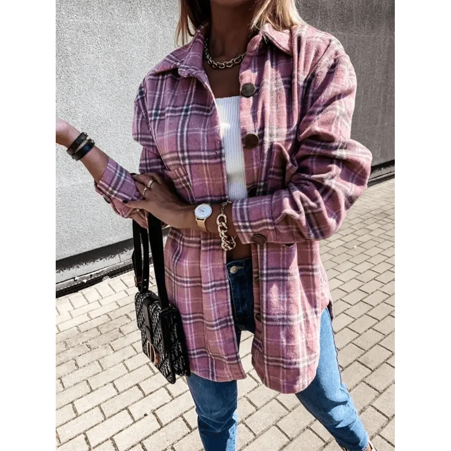 Stevvex pink plaid flannel shirt jacket, oversized with lapel collar and large buttons on Tampa Home & Garden Store