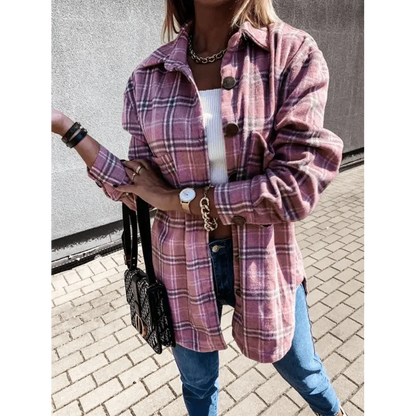 Stevvex pink plaid flannel shirt jacket, oversized with lapel collar and large buttons on Tampa Home & Garden Store