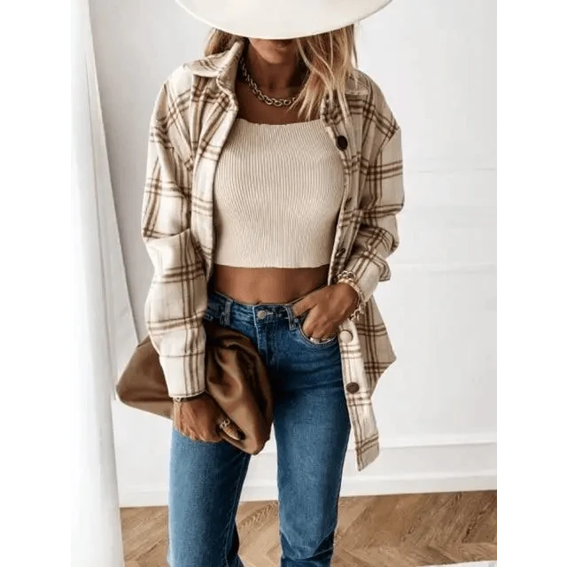 Stevvex women's beige plaid shirt jacket worn open over knit crop top and blue jeans on Tampa Home & Garden Store