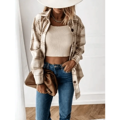 Stevvex women's beige plaid shirt jacket worn open over knit crop top and blue jeans on Tampa Home & Garden Store