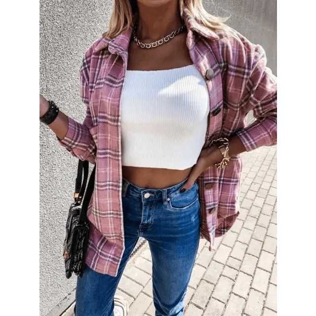 Stevvex pink plaid shirt jacket worn open over crop top and blue jeans with chain necklace on Tampa Home & Garden Store