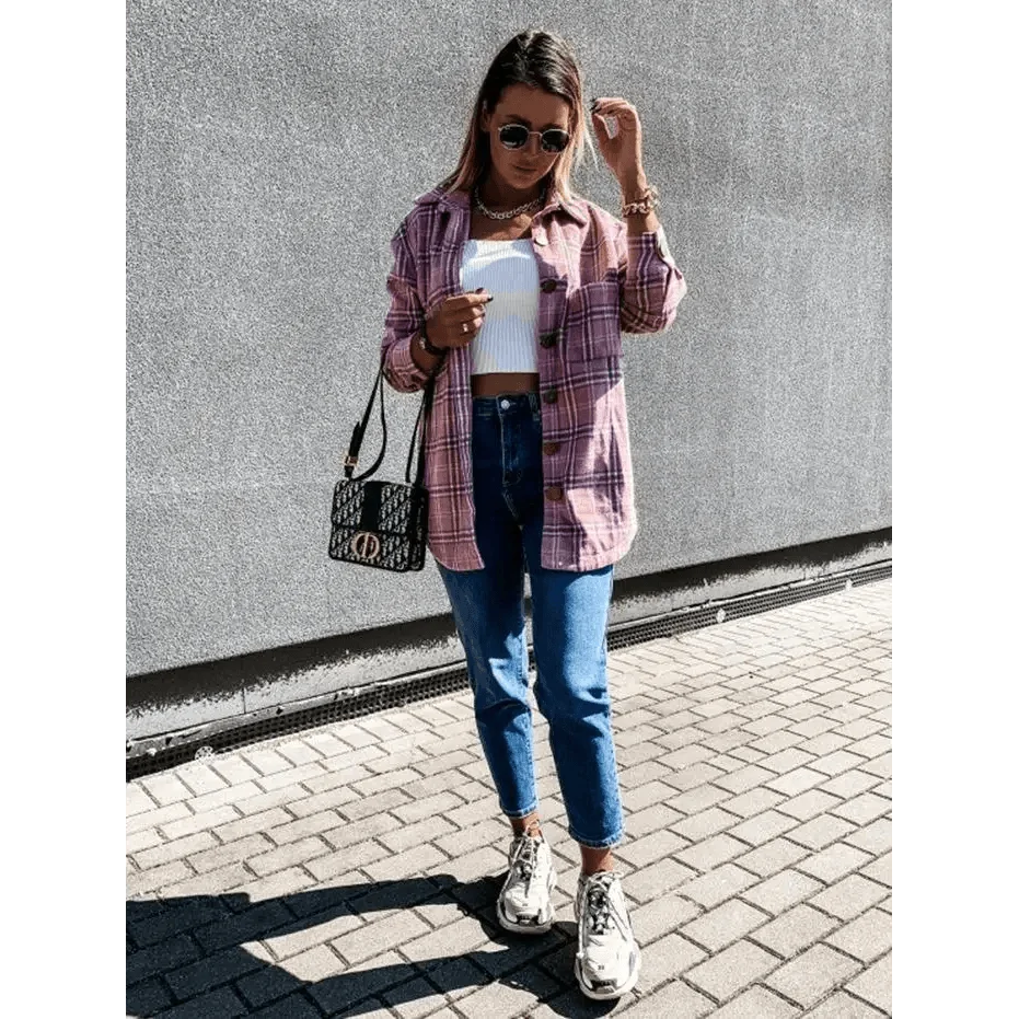 Stevvex pink plaid long-sleeve jacket over white crop top with jeans and chunky sneakers on Tampa Home & Garden Store