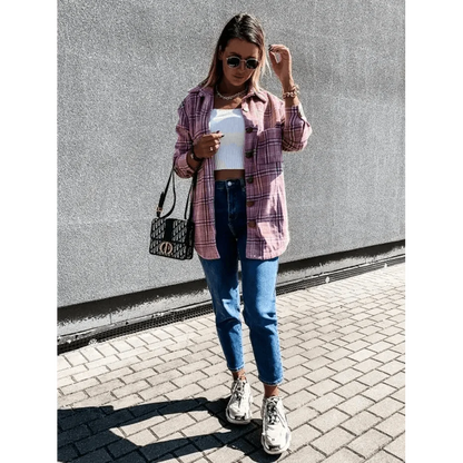 Stevvex pink plaid long-sleeve jacket over white crop top with jeans and chunky sneakers on Tampa Home & Garden Store
