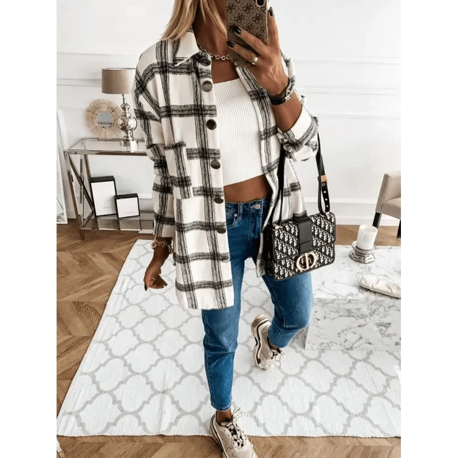 Stevvex plaid shirt coat white/black with lapel; cropped top and blue jeans, monogram handbag on Tampa Home & Garden Store