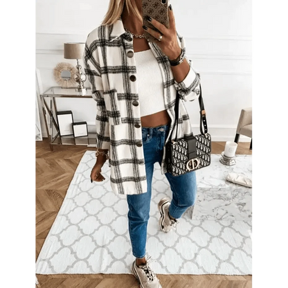Stevvex plaid shirt coat white/black with lapel; cropped top and blue jeans, monogram handbag on Tampa Home & Garden Store