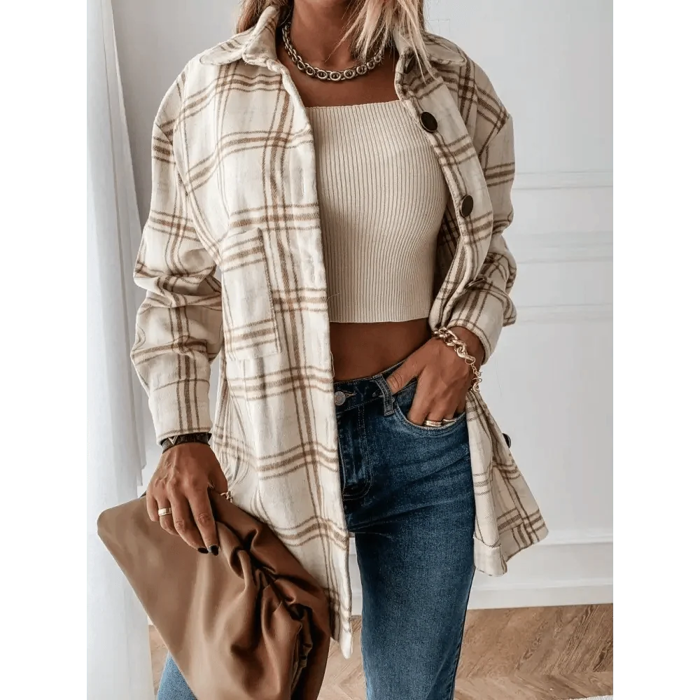 Plaid long sleeve shirt jacket in beige tones with lapel, oversized coat style on Tampa Home & Garden Store