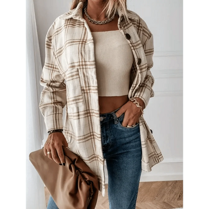 Plaid long sleeve shirt jacket in beige tones with lapel, oversized coat style on Tampa Home & Garden Store