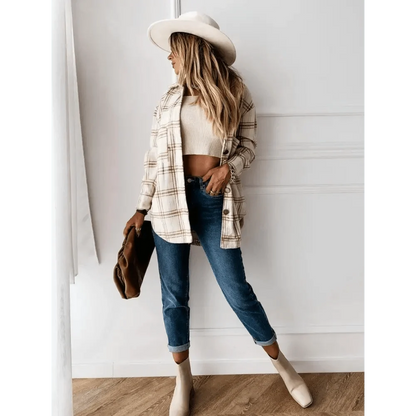 Stevvex women's long sleeve plaid shirt coat cream check pattern oversized casual coat on Tampa Home & Garden Store