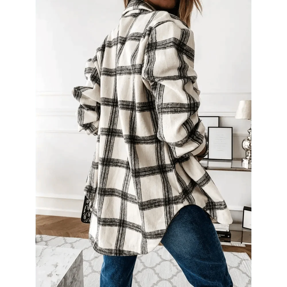 Stevvex plaid long sleeve shirt coat in cream and black checks, oversized outerwear on Tampa Home & Garden Store