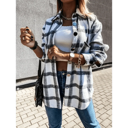 Plaid long sleeve shirt jacket in black and white, open over white knit top on Tampa Home & Garden Store