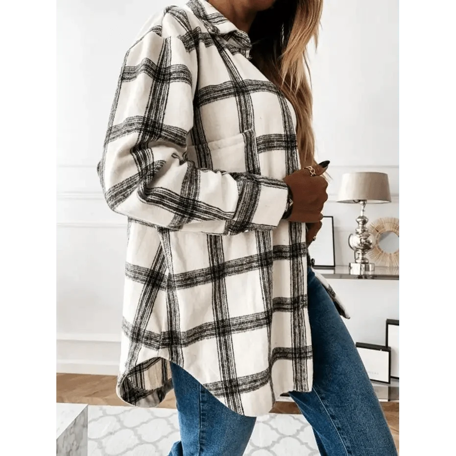 Stevvex plaid shirt coat with collar lapel, white/black check long sleeves outerwear on Tampa Home & Garden Store