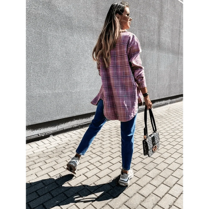 Stevvex plaid shirt coat pink purple long sleeve casual outerwear for streetwear on Tampa Home & Garden Store