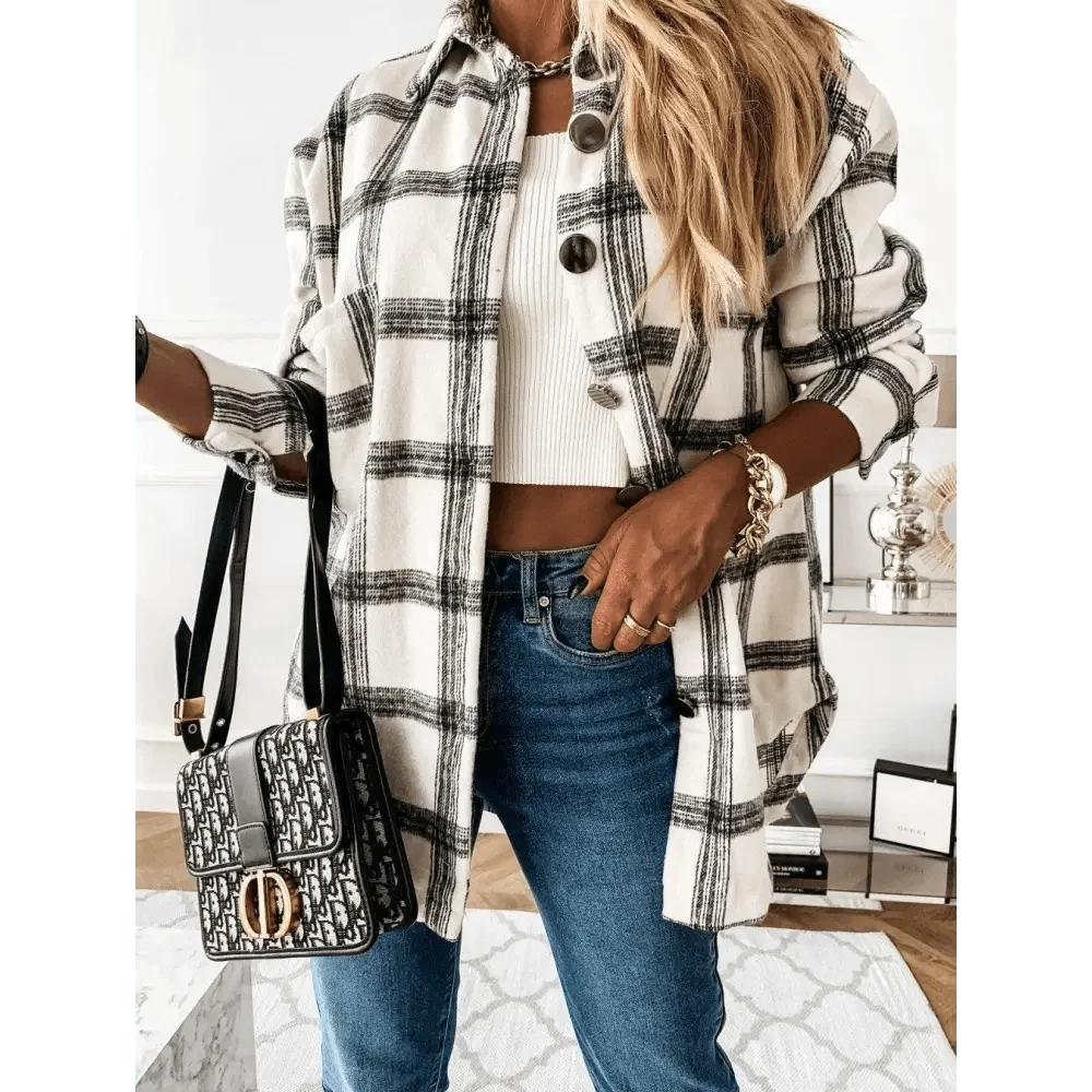 Stevvex plaid long sleeve shirt coat with lapel, cream/black checks, casual outerwear on Tampa Home & Garden Store