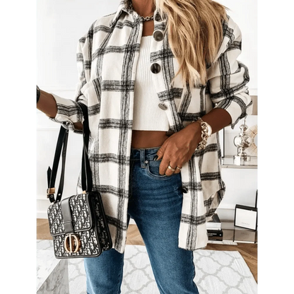 Stevvex plaid long sleeve shirt coat with lapel, cream/black checks, casual outerwear on Tampa Home & Garden Store