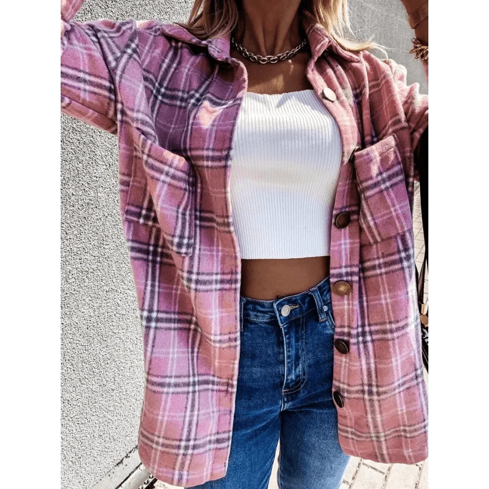 Stevvex pink plaid shirt jacket with lapel, button-front over white ribbed crop top and jeans on Tampa Home & Garden Store