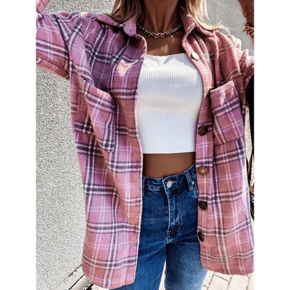 Stevvex pink plaid shirt jacket with lapel, button-front over white ribbed crop top and jeans on Tampa Home & Garden Store