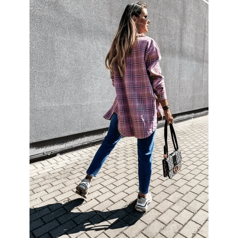 Stevvex pink-purple plaid long-sleeve shirt jacket, oversized, streetwear coat on Tampa Home & Garden Store