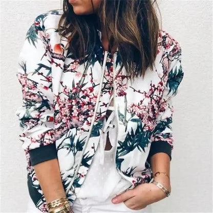 Floral Zip Bomber Jacket for Women Long Sleeve