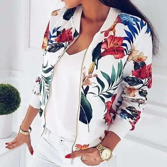Stevvex women's floral bomber jacket white with colorful tropical print, zip front, pockets on Tampa Home & Garden Store