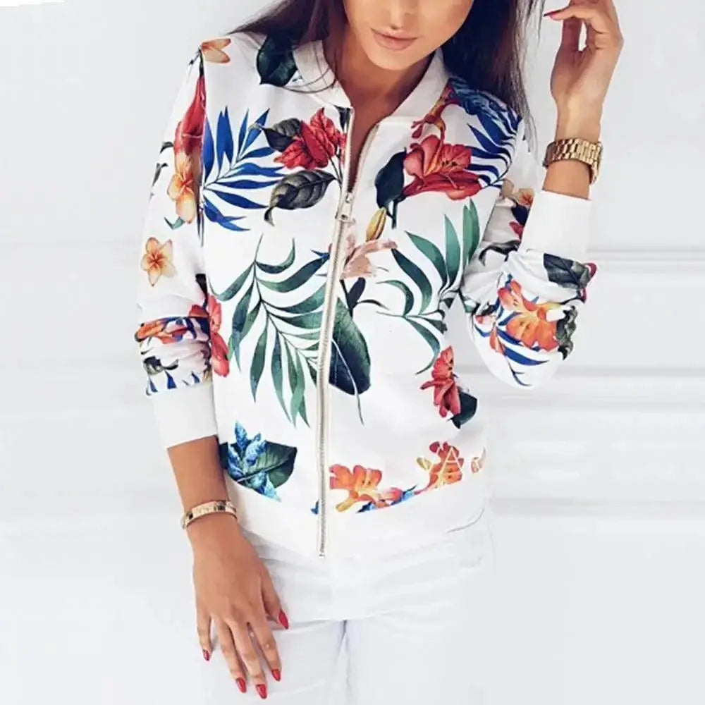 Floral Zip Bomber Jacket for Women Long Sleeve