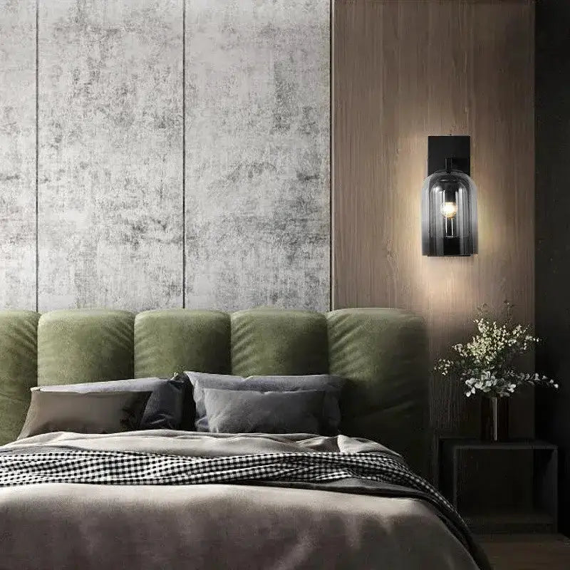 Amber glass wall sconce by Decorbites for bedroom, black mounting, ambient light on Tampa Home & Garden Store