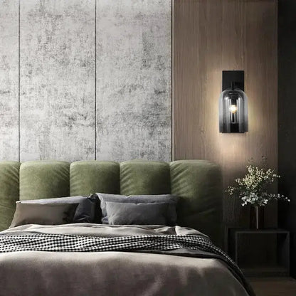 Amber glass wall sconce by Decorbites for bedroom, black mounting, ambient light on Tampa Home & Garden Store