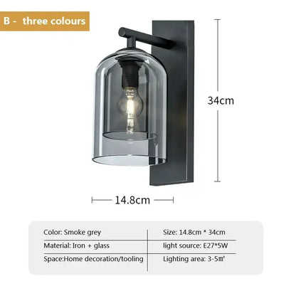 Decorbites wall sconce lamp, smoke grey iron with glass shade, 14.8cm by 34cm, E27 bulb on Tampa Home & Garden Store