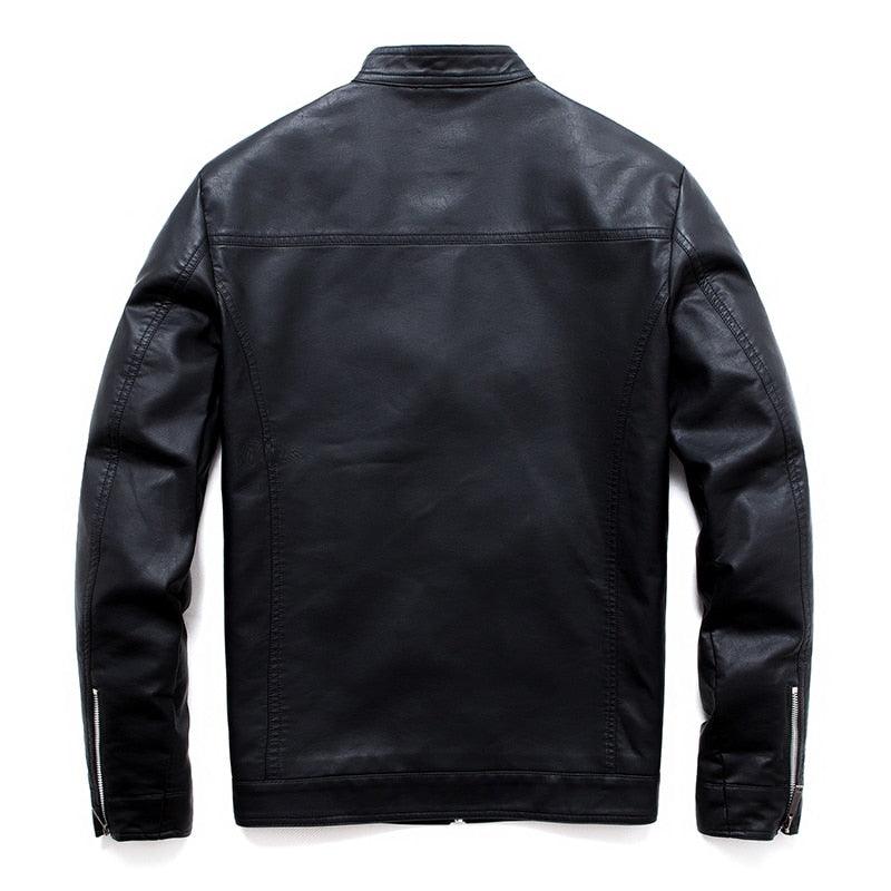 Stevvex men's black PU leather bomber jacket back view with zip cuffs on Tampa Home & Garden Store