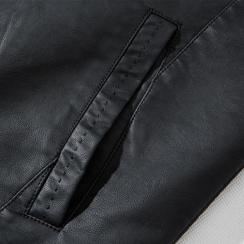 Stevvex men's black faux leather bomber jacket with vertical slit pocket detail PU leather on Tampa Home & Garden Store