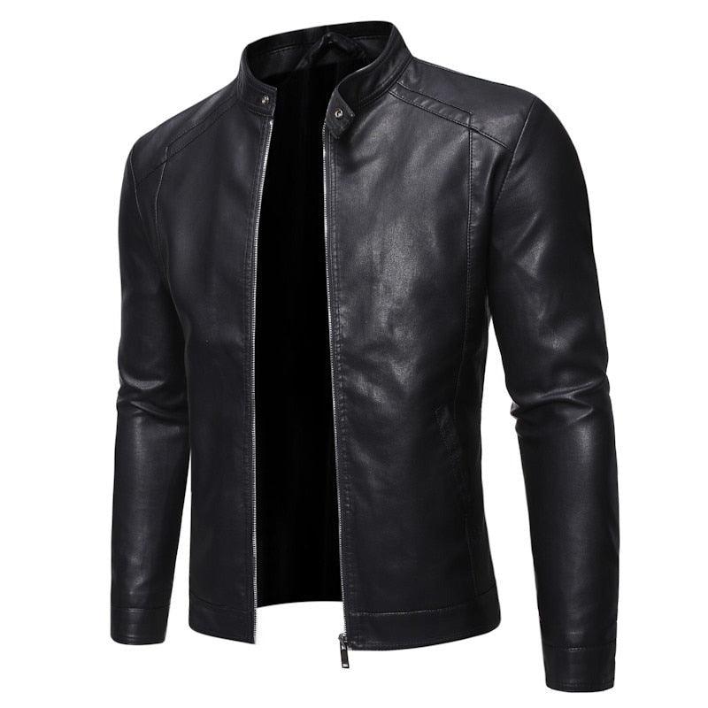 Stevvex men's faux leather bomber jacket black PU leather slim fit with zip stand collar on Tampa Home & Garden Store