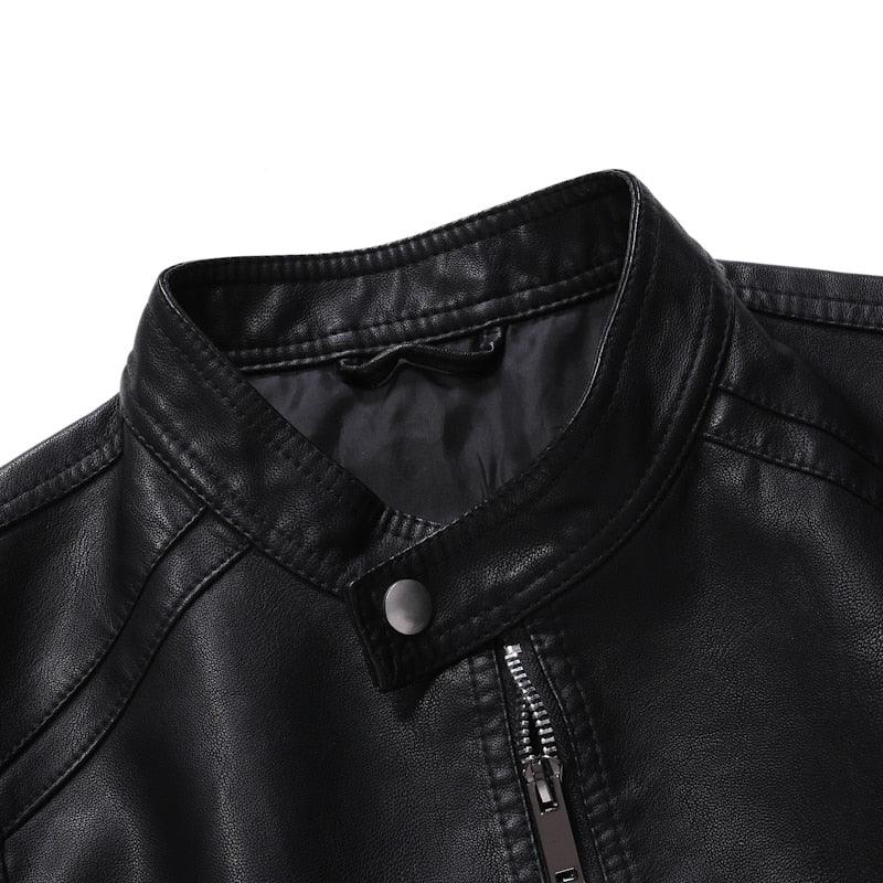 Stevvex men's black PU leather bomber jacket with zip front and snap collar on Tampa Home & Garden Store