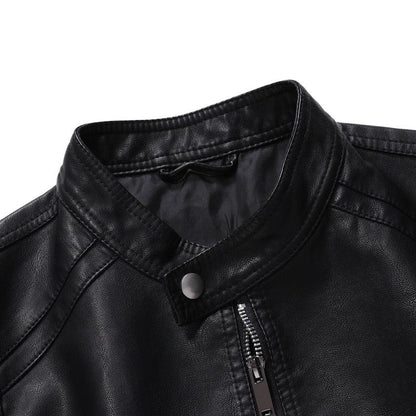 Stevvex men's black PU leather bomber jacket with zip front and snap collar on Tampa Home & Garden Store