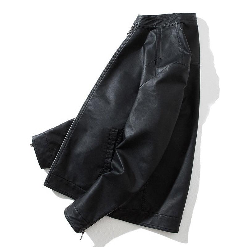 Stevvex men's black faux leather bomber jacket slim fit with zip pockets on Tampa Home & Garden Store