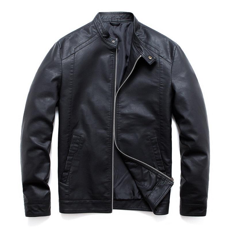 Stevvex men's black faux leather bomber jacket with silver zipper and stand collar on Tampa Home & Garden Store