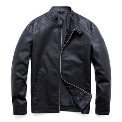 Stevvex men's black faux leather bomber jacket with silver zipper and stand collar on Tampa Home & Garden Store