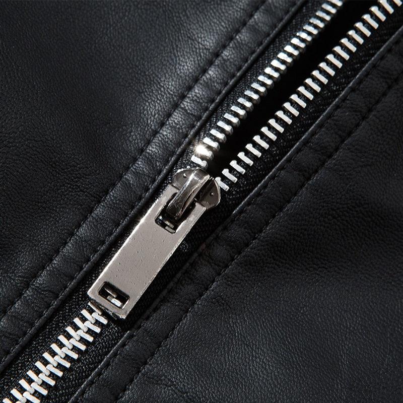 Stevvex men's black faux leather bomber jacket zipper detail close-up on Tampa Home & Garden Store
