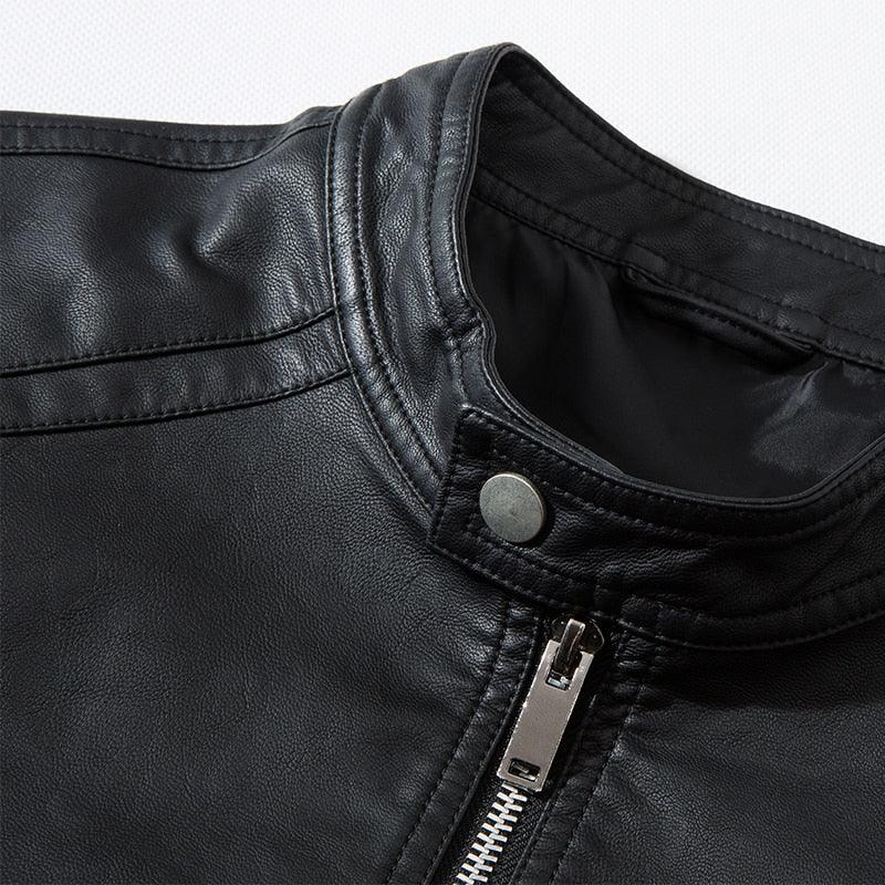 Stevvex black faux leather bomber jacket with silver zipper and snap collar PU leather on Tampa Home & Garden Store