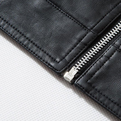 Bomber jacket Stevvex black faux leather zipper detail close-up on Tampa Home & Garden Store