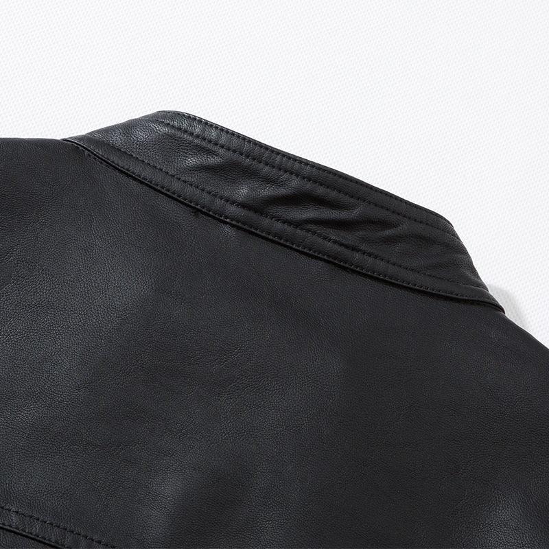 Black PU leather bomber jacket by Stevvex, slim fit collar closeup on Tampa Home & Garden Store