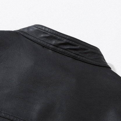 Black PU leather bomber jacket by Stevvex, slim fit collar closeup on Tampa Home & Garden Store