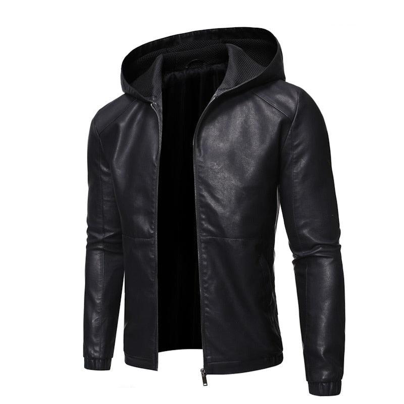 Stevvex black faux leather bomber jacket with hood, slim fit men's motorcycle coat on Tampa Home & Garden Store